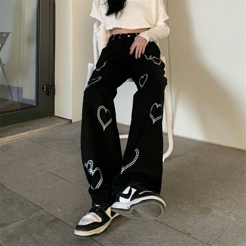 Spring Jeans Women&s Korean Retro Love Casual Pants All-match High-waisted Trousers Trendy Loose Wide-leg Pants Women Jeans